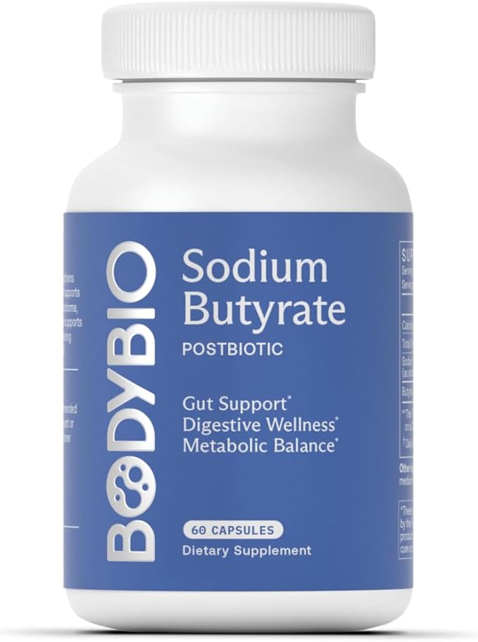 BodyBio Butyrate Supplement - Postbiotic for Gut Microbiome Health, Digestion and Regulation Support - Butyric Acid with Sodium - 60 Capsules