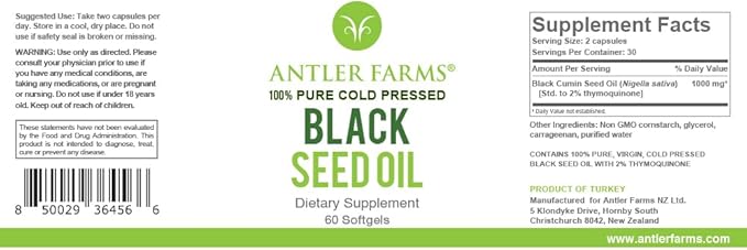 Antler Farms - Black Seed Oil -100% Pure, 60 Softgels, 500mg – 2% Thymoquinone,