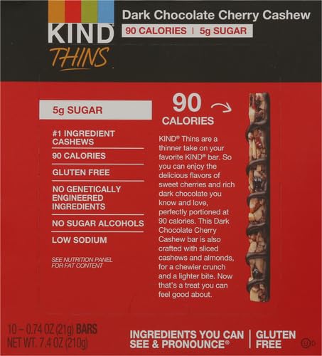 KIND THINS Dark Chocolate Cherry Chashew Bars, Gluten Free, 5g Sugar, 0.74 oz bars, 10 count
