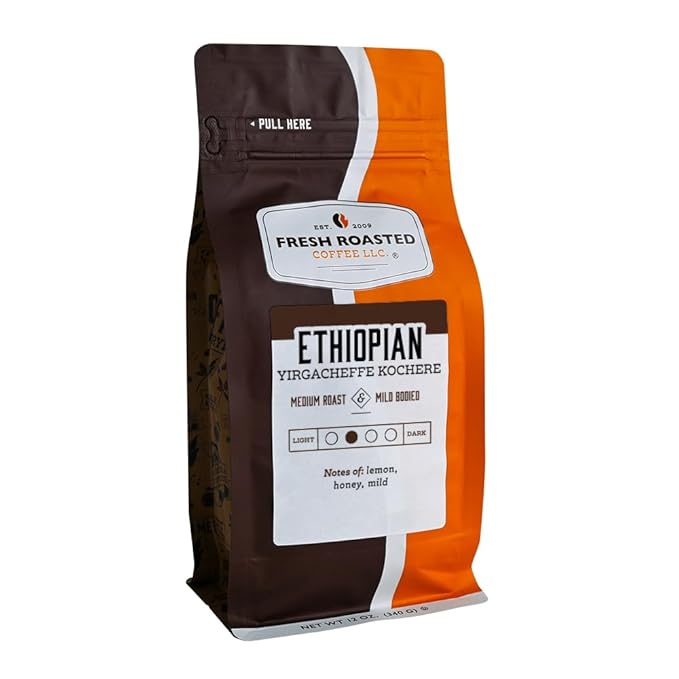 Fresh Roasted Coffee, Ethiopian Yirgacheffe Kochere, 12 oz, Medium Roast, Kosher, Whole Bean