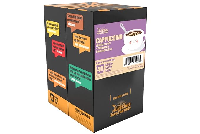 Java Factory Coffee Pods Vanilla Cream and Cinnamon Flavored Coffee for Keurig K Cup Brewers, Cappuccino, 40 Count