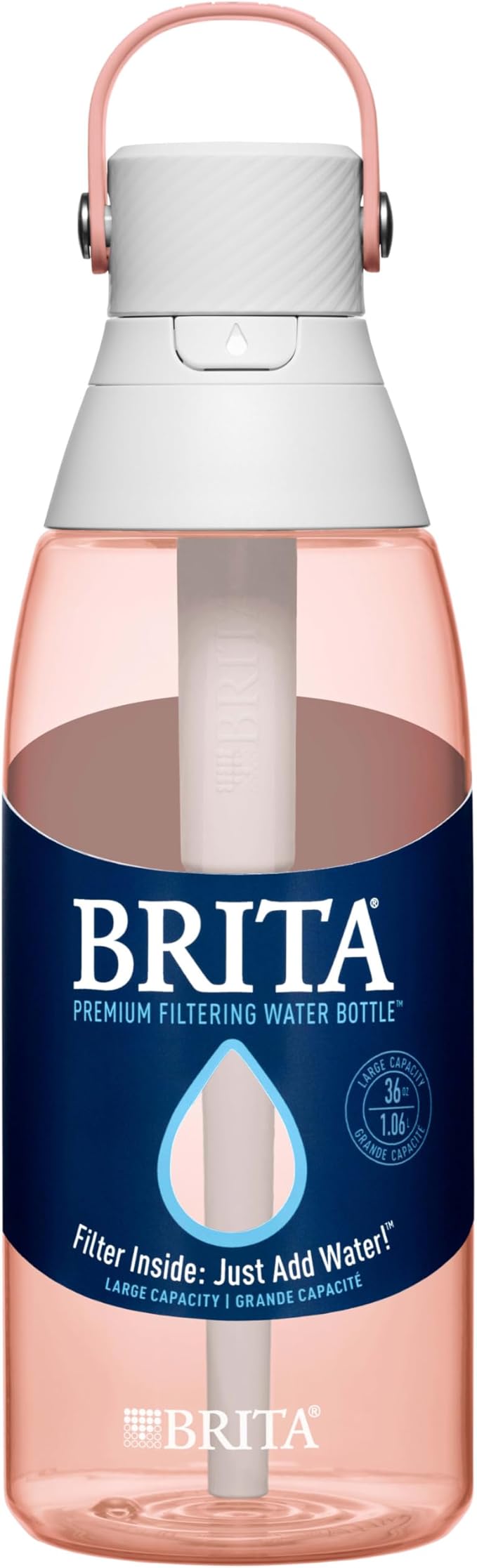 Brita Hard-Sided Plastic Premium Filtering Water Bottle, BPA-Free, Reusable, Replaces 300 Plastic Water Bottles, Filter Lasts 2 Months or 40 Gallons, Includes 1 Filter, Blush - 36 oz.