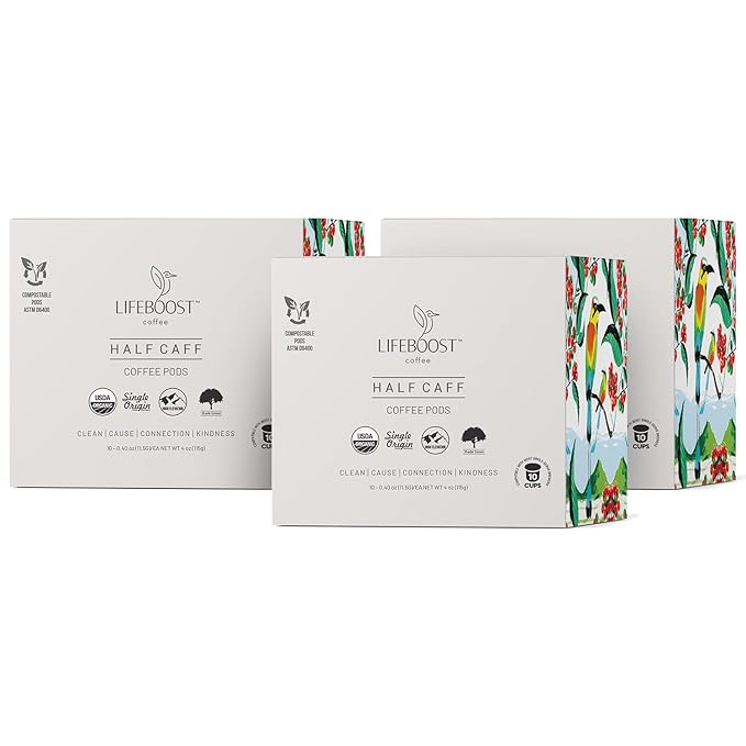 Lifeboost Coffee Half Caff Coffee K Cups - Low Acid Half Caff Coffee Pods - Single Origin Non-GMO Mold Free Pods Compatible with Keurig & Keurig 2 - No Mycotoxins or Pesticides - 10 Count