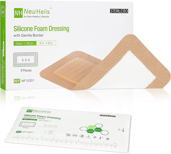 Silicone Foam Dressing with Gentle Border 4''x8'', Absorbent 2''x6'', Pack 5, Silicone