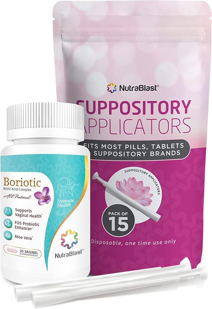 NutraBlast Boric Acid Vaginal Suppositories 800mg Complex Bundle with Vaginal Applicator, 30 Suppositories & 15 Applicators - FOS Prebiotic & Aloe Vera - Intimate Balance, Feminine Care - Made in USA