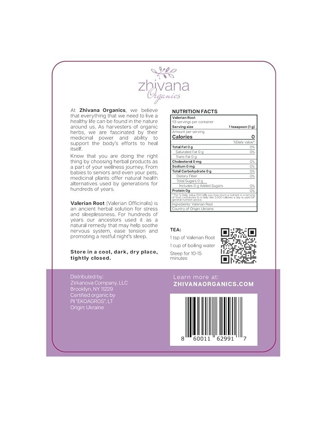 Zhivana Organics Organic Valerian Root Tea (Pack of 2) - Valarian Root Herb - Sleep Longer & Better - Support Nervous System, Lower Stress Levels - 8 Ounces