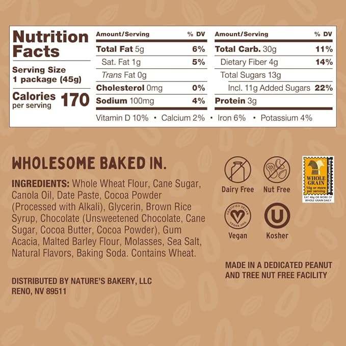 Nature’s Bakery Double Chocolate Brownie Bars, Whole Grains, Dates, and Cocoa, Plant Based, Dairy-Free, Snack Bar, 1 box with 12 Twin Packs (12 Twin Packs)