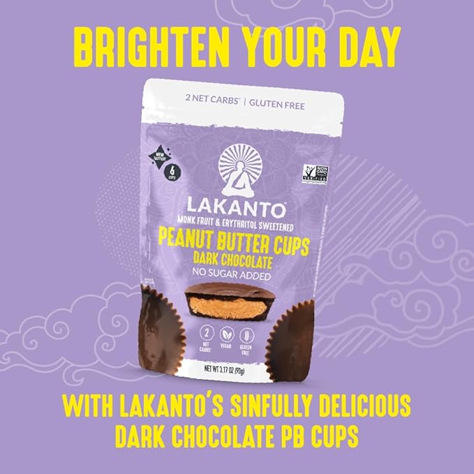 Lakanto Sugar Free Chocolate Peanut Butter Cups - Sweetened with Monk Fruit, On the Go, Gluten Free, Vegan, Keto Diet Friendly, 2g Net Carbs, Cocoa Butter, Nut Butter, Cacao (24 Cups - Pack of 1)