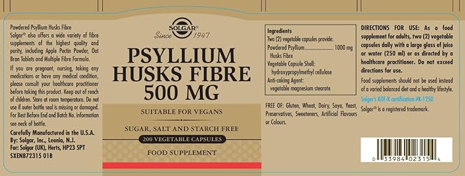Solgar - Psyllium Husks Fiber 500 200 Vegetable