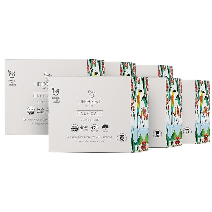Lifeboost Coffee Half Caff Coffee K Cups - Low Acid Half Caff Coffee Pods - Single Origin Non-GMO Mold Free Pods Compatible with Keurig & Keurig 2 - No Mycotoxins or Pesticides - 10 Count