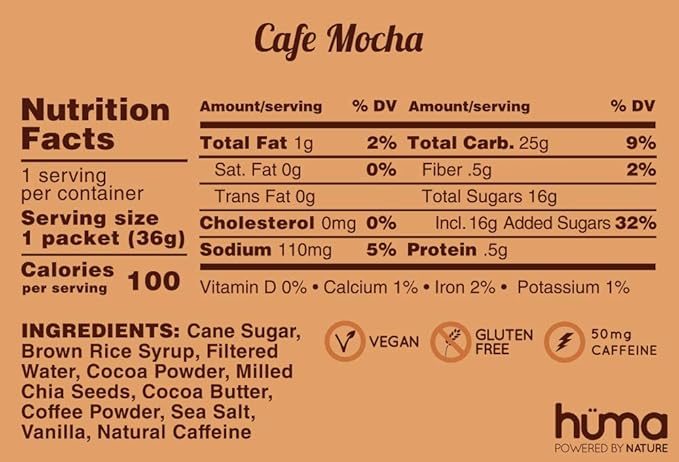 Huma Chia Energy Gel, Café Mocha, 24 Gels, 2X Caffeine - Premier Sports Nutrition for Endurance Exercise