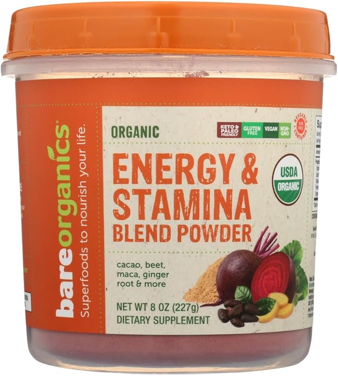 BareOrganics Energy & Stamina Blend Powder, Organic Superfood, Vegan Dietary Supplement, 8 Ounces