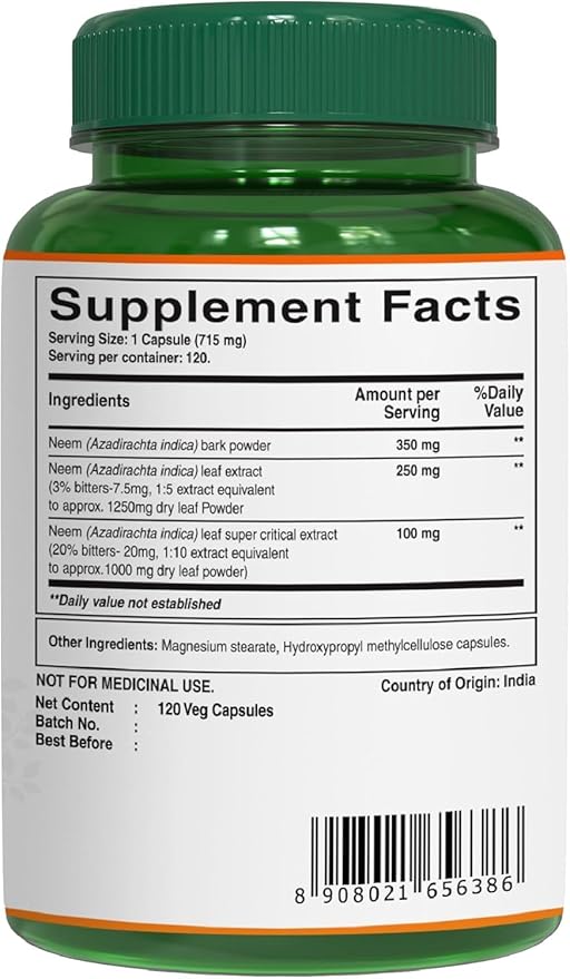 Pure Nutrition Neem Capsules 700mg. (Equivalent 2600mg Neem 120 Days