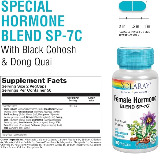 Solaray Female Hormone Blend SP-7C | W/Black Cohosh, Dong Quai, Passion Flower, Wild Yam & More | 100 VegCaps, 50 Serv.
