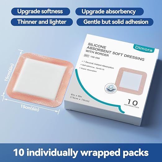 Dimora Silicone Super Absorbent Wound Dressings 6"X 6" 6" 10 10 Packs