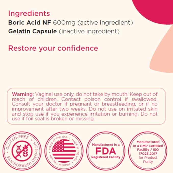 BoriCap Boric Acid Suppositories - Kit, 600mg - Restores pH and Normal Vaginal Health - Feminine Hygiene Products for Vaginal Odor & Discomfort - Suppository Made Without Dyes or Fillers