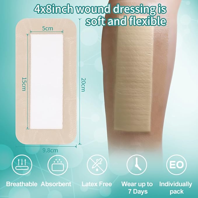 Dimora Silicone Foam Dressing with Border 4"x8" Waterproof 5 Pack…