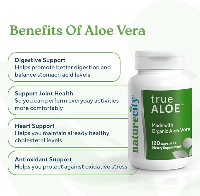 NatureCity True-Aloe 80,000mg Aloe Vera Gel Equivalent Per Serving– Made with Organic Aloe Vera (360 Capsules) Digestive, Skin and Joint Support|Small Easy-to-Swallow Pills