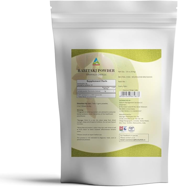 HERBAL HILLS Haritaki Powder Terminalia Chebula Inknut Harde 1 Pound / 16 Oz Pack of 1
