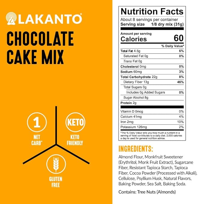 Lakanto Sugar Free Keto Cake Mix - Sweetened with Monk Fruit, Gluten Free, 1 Net Carb, Keto Diet Friendly, Delicious - Chocolate