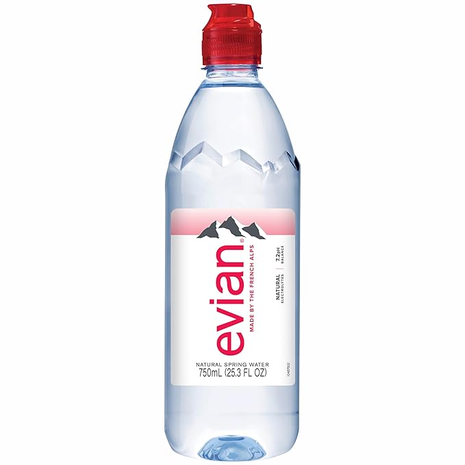 evian Natural Spring Water, 750 ml (25.36 fluid ounce) Water Bottle with Sports Cap, 12 Pack