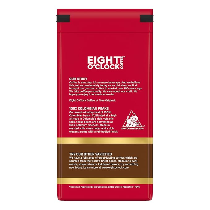 Eight O'Clock Coffee 100% Colombian Peaks & Arabica, 11 Ounce (Pack of 6) Medium Roast Ground Coffee, Rich & Winey