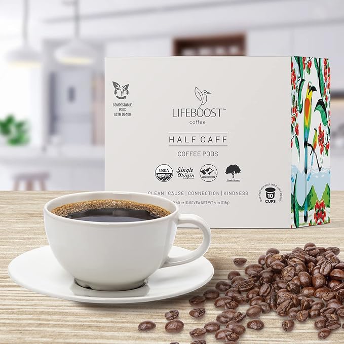 Lifeboost Coffee Half Caff Coffee K Cups - Low Acid Half Caff Coffee Pods - Single Origin Non-GMO Mold Free Pods Compatible with Keurig & Keurig 2 - No Mycotoxins or Pesticides - 10 Count
