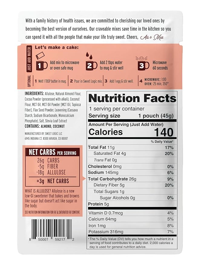 Sweet Logic Keto Mug Cake Mix - Fudge Brownie - Just Add Water - Vegan - Low Sugar - Gluten-Free - High Protein - Low Carb - Dairy Free - Diabetic-Friendly Sweets - Natural Ingredients (4 Pack)
