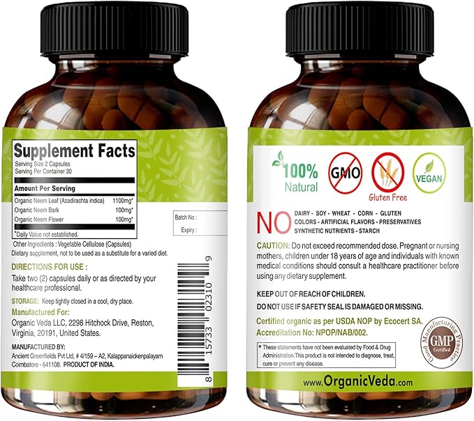 Organic Veda Neem Capsules with Triple 60 Count