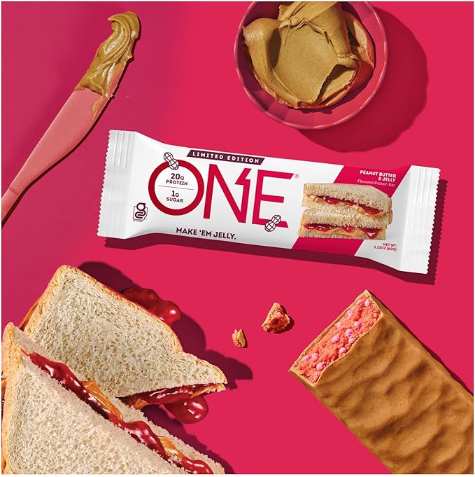 ONE Protein Bars, Peanut Butter & Jelly, Gluten Free with 20g Protein and 1g Sugar, Pantry Staples, 2.12 oz (12 Count)