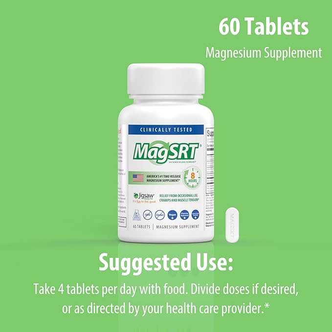 Jigsaw Health MagSRT | Magnesium Supplement with Vitamin B6, Folate & B12 | 60 Tablets | 15 Servings