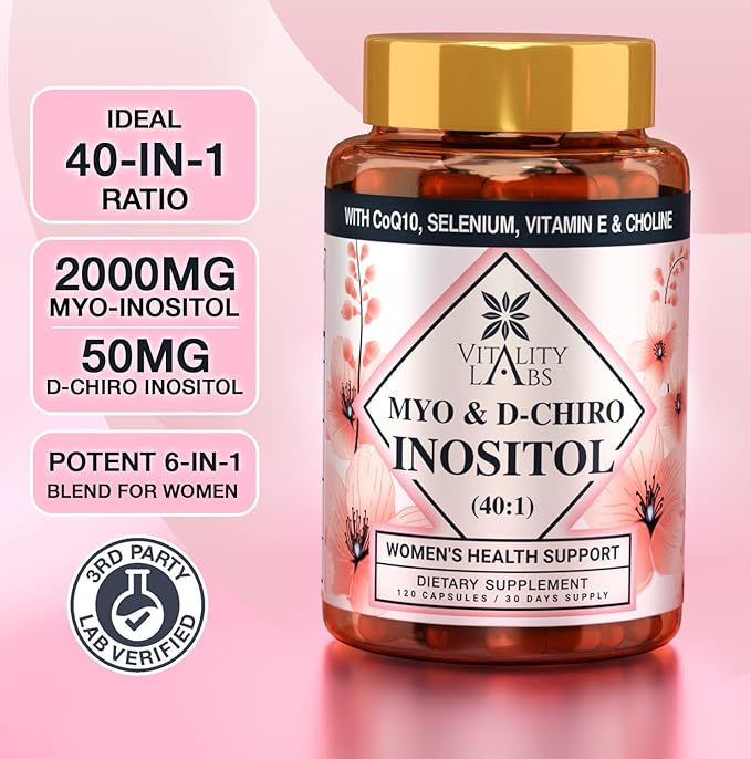 Myo-inositol & D-chiro Inositol Supplement for Women - Ideal 40:1 Ratio Complex for Fertility, Hormonal Balance, Menstrual Cycle & Ovarian Health Support with CoQ10, Choline & Selenium - 120 Capsules