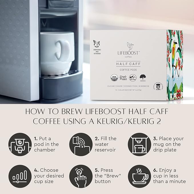 Lifeboost Coffee Half Caff Coffee K Cups - Low Acid Half Caff Coffee Pods - Single Origin Non-GMO Mold Free Pods Compatible with Keurig & Keurig 2 - No Mycotoxins or Pesticides - 10 Count