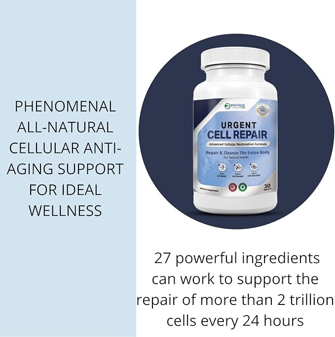 Urgent Cell Repair - All Natural Cellular Regeneration, Anti Aging Benefits, Support Skin, Kidney, Hair, Gut, Bones, Brain, Joints, Lungs and Liver (30 Tablets)