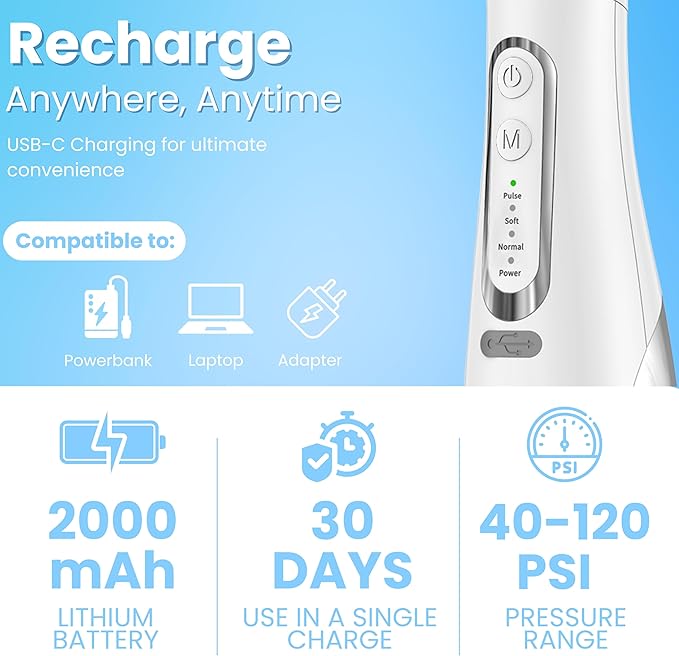 Dental Water Flosser Cordless, 310ML Electric 4 Cleaning 8 Replaceable IPX7 Waterproof (8 Tips)