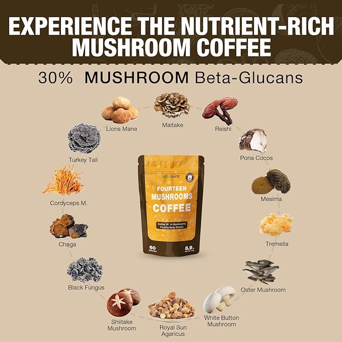 ECO-TASTE Mushrooms Coffee 14 in 1-60 Servings, Arabica Coffee with Lion's Mane, Reishi, Maitake, Turkey Tail, Chaga Fruiting Body Extract, 30% Beta-Glucan for Focus & Gut Health Support, 5.9oz