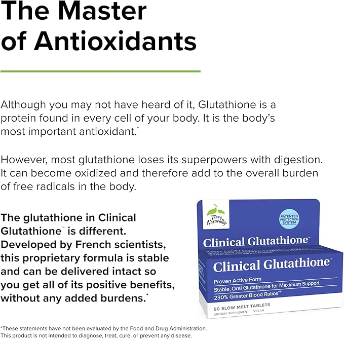 Terry Naturally Clinical Glutathione - 60 Slow Melt Tablets - Stable 300 mg L-Glutathione Supplement - Non-GMO, Vegan, Gluten Free - 30 Servings
