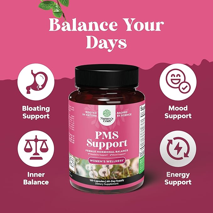 PMS Support Supplement for Women – Menstrual Hormone Balance for Women with DIM, Chasteberry, Black Cohosh & Ashwagandha - for Period Cramps Relief, Menopause Bloating, Mood Swing – 120 Capsules