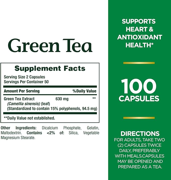 Nature's Bounty Green Tea Pills and Herbal Health Supplement, Supports Heart and Antioxidant Health, 315mg, 100 Capsules