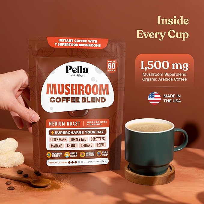 Pella Nutrition Organic Mushroom Instant Coffee (60 Servings) with 7 Superfood Mushrooms, Great Tasting, Includes Lion's Mane, Reishi, Chaga, Cordyceps, Shiitake, Maitake, and Turkey Tail