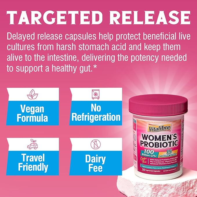 Probiotics for Women 100 Billion CFU 15 Strains, Daily Probiotic & Prebiotic Supplement with Organic Cranberry to Support Vaginal, Digestive, Immune Health, Shelf Stable, 30 Vegan Capsules