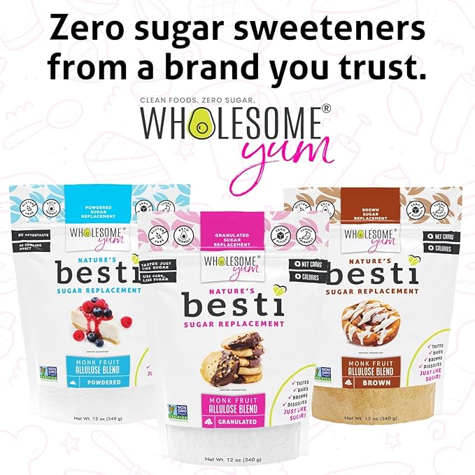 Wholesome Yum Besti Natural Powdered Sugar Substitute - Keto Confectioners Monk Fruit Sweetener Blend With Allulose (No Erythritol) - Non GMO, Zero Carb, Zero Calorie, No Aftertaste (12 oz)