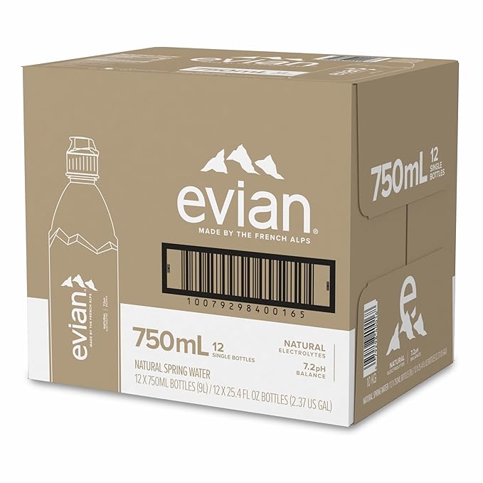 evian Natural Spring Water, 750 ml (25.36 fluid ounce) Water Bottle with Sports Cap, 12 Pack