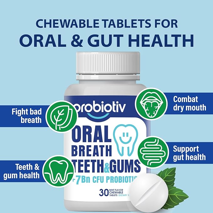 Oral Probiotics for Mouth Bad Breath 7 Billion CFU - Chewable Dental Probiotics for Teeth and Gums, Fresh Breath Freshener, Combats Dry Mouth, Halitosis, Tonsil Stone & Gingivitis Treatment