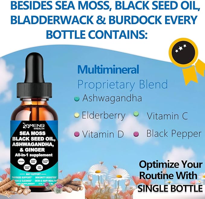 Sea Moss Black Seed Oil Ashwagandha Ginger, Multi-Mineral Sea Moss 3000mg Liquid Drops Extract, 4X Stronger Than Pills & Capsules, Vegan Superfood for Immunity, Joint & Thyroid Health