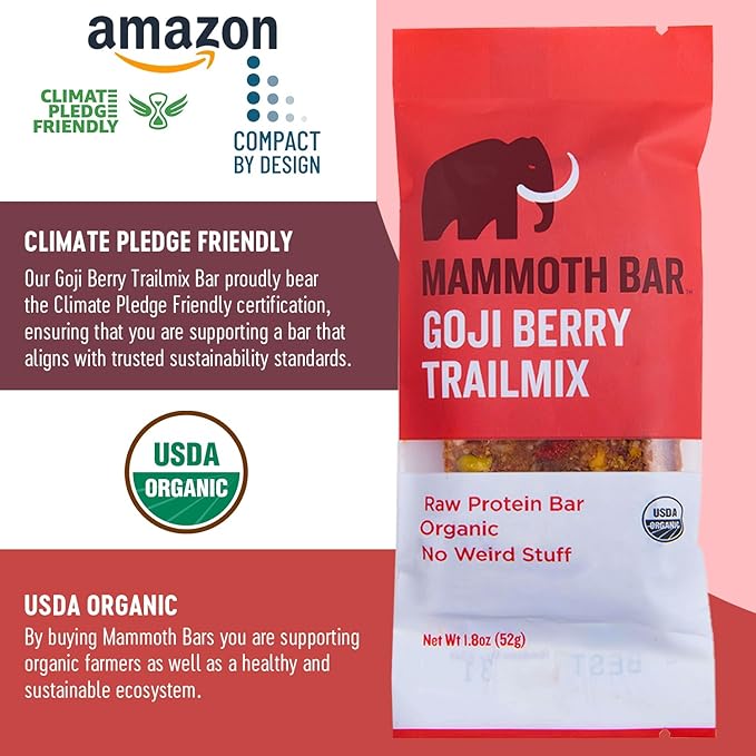 Mammoth Bar Goji Berry Trail Mix - Organic Snack Bar Packed with 12g Protein. Made with Premium Goji Berries, Almonds, Pistachios, Sunflower Seeds, Dates & Egg White Protein. Paleo • Gluten Free • Raw