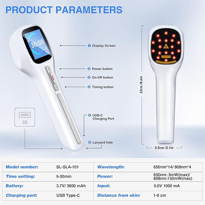 Cold Laser Therapy Device with LED (4x808nm +14X650nm), +14X650nm), Red 8.6×2.1 Inch