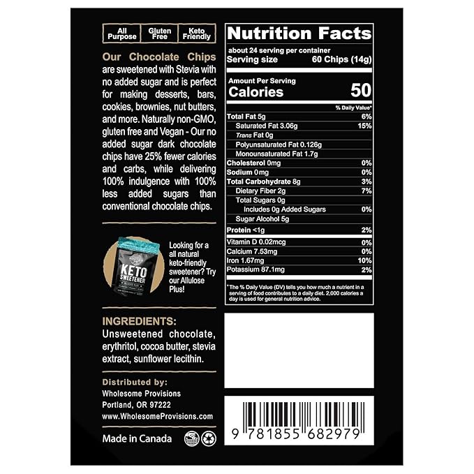 Sugar Free Large Chocolate Chips, Stevia Sweetened, 12 oz. Value Size, Non-GMO, Vegan, Keto, Low Carb, 60% Cocoa, All Natural, Baking Chips, Gluten Free, No Sugar Added (1 Pack)
