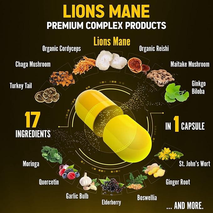 Lions Mane Mushroom Complex Capsules, Equivalent 22000mg, with 60 Capsules