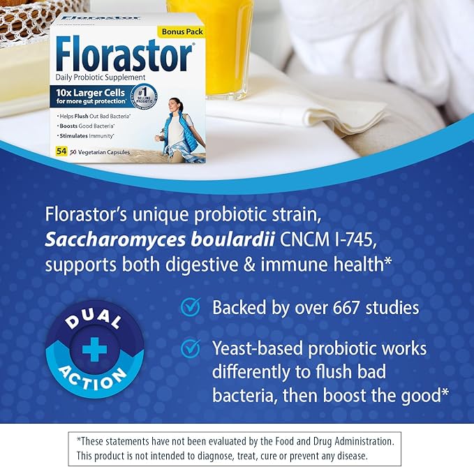Florastor Probiotics for Digestive and Immune Health, 54 Capsules, Probiotics for Women & Men, Helps Flush Out Bad Bacteria, Boosts The Good with Our Strain Saccharomyces Boulardii, Packaging May Vary